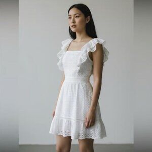 NEW Alice + Olivia‎ Womens 8 Remada Eyelet Cotton Ruffle Mini Dress White
